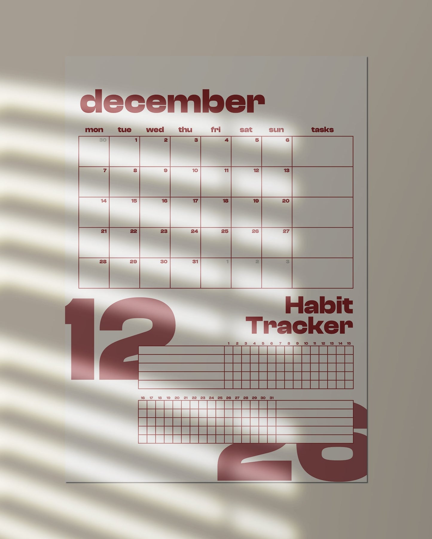 (Digital Download) 2026 Wall Calendar + Habit Tracker - Monday Start