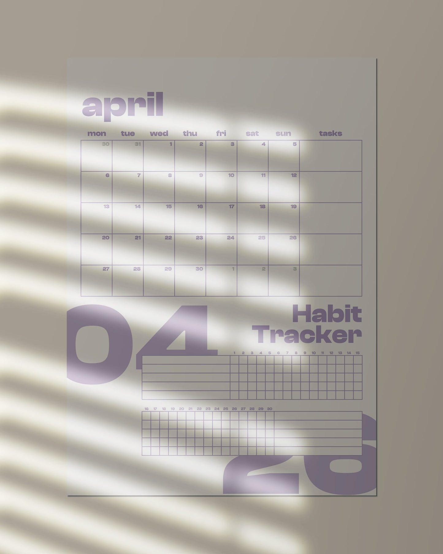 (Digital Download) 2026 Wall Calendar + Habit Tracker - Monday Start