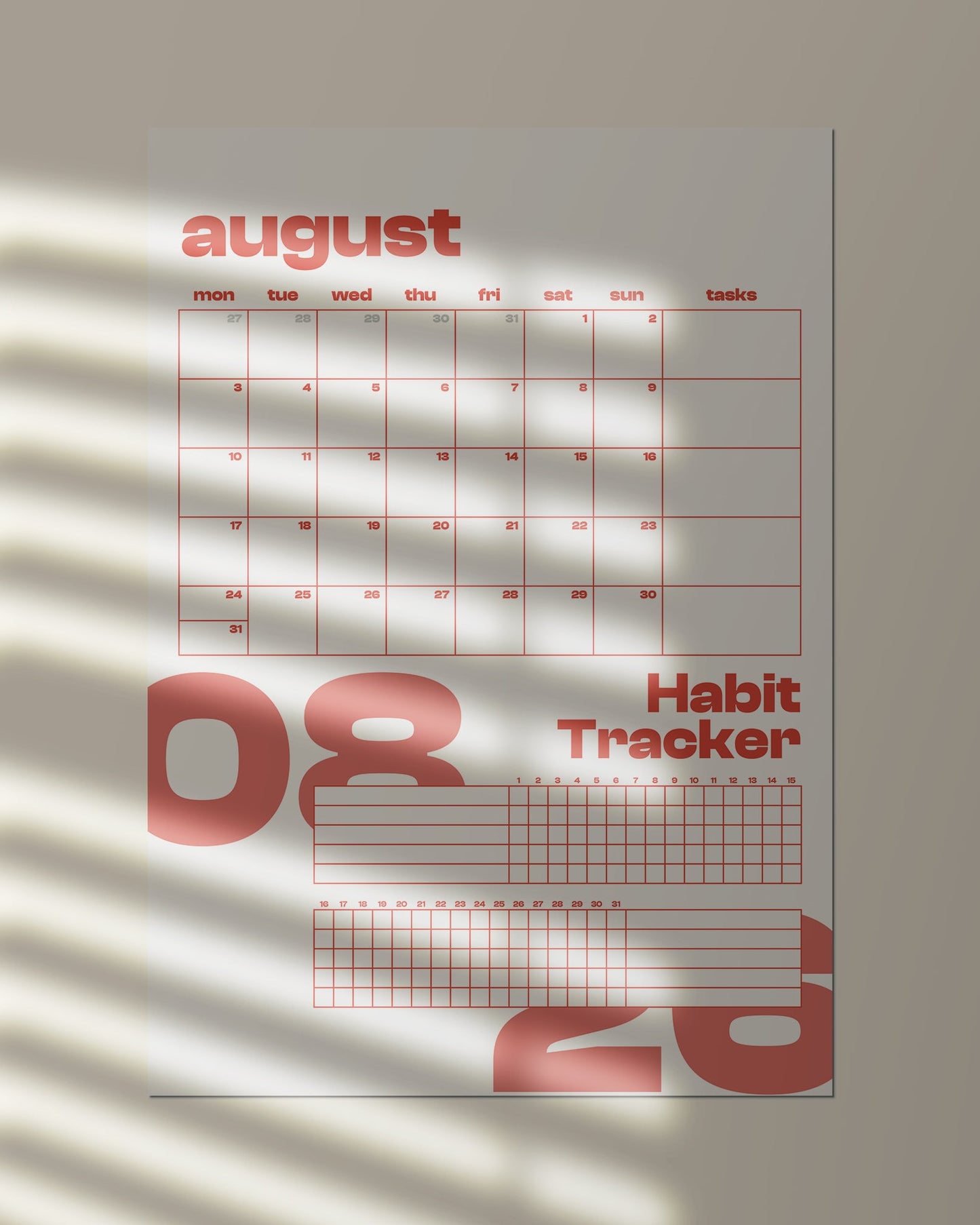 (Digital Download) 2026 Wall Calendar + Habit Tracker - Monday Start