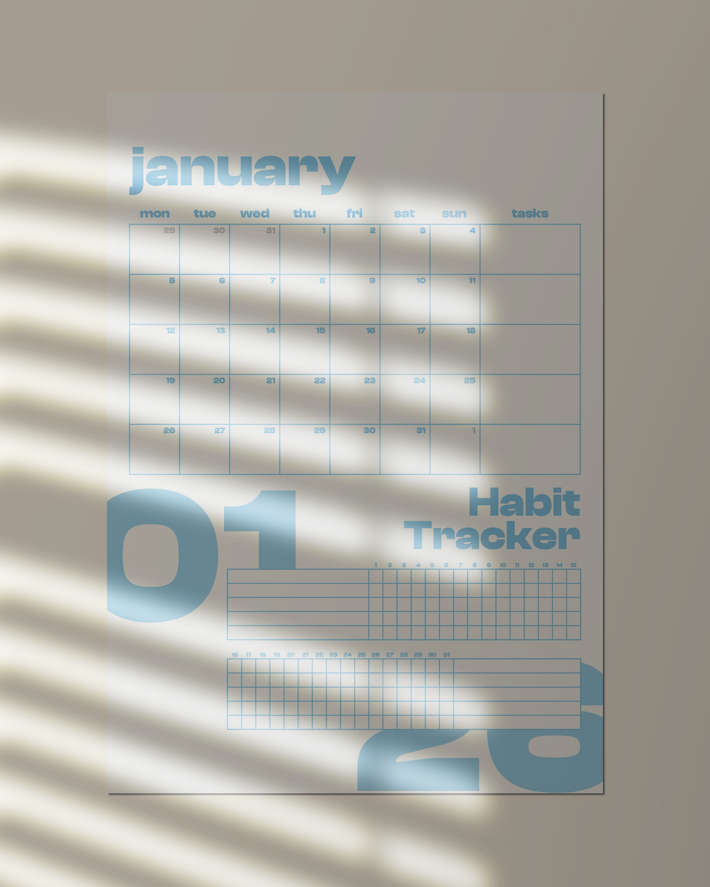 (Digital Download) 2026 Wall Calendar + Habit Tracker - Monday Start