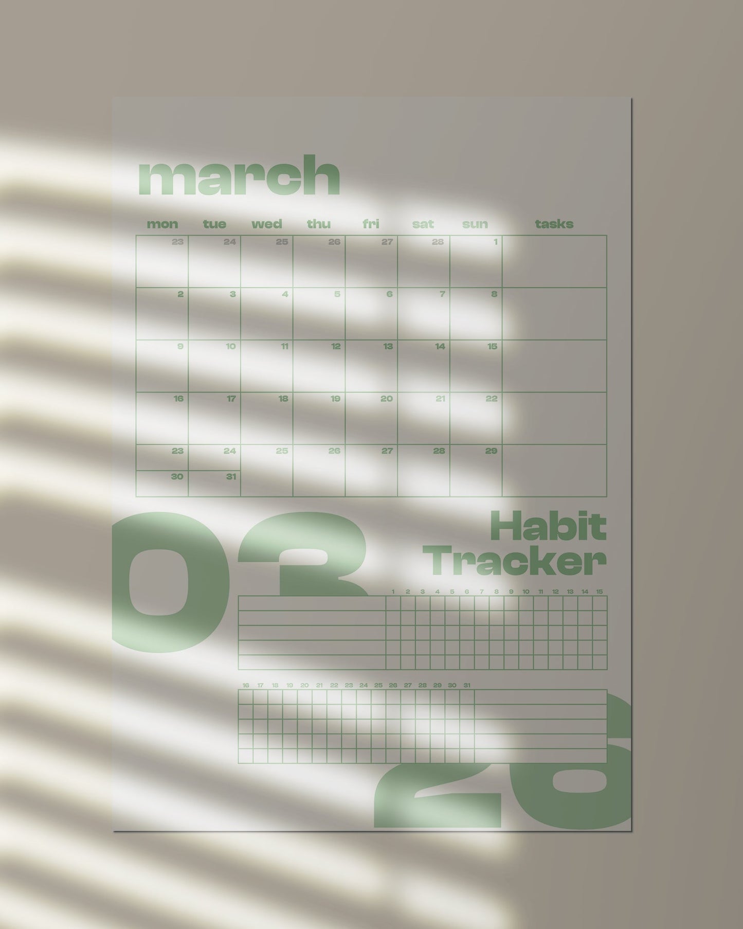 (Digital Download) 2026 Wall Calendar + Habit Tracker - Monday Start