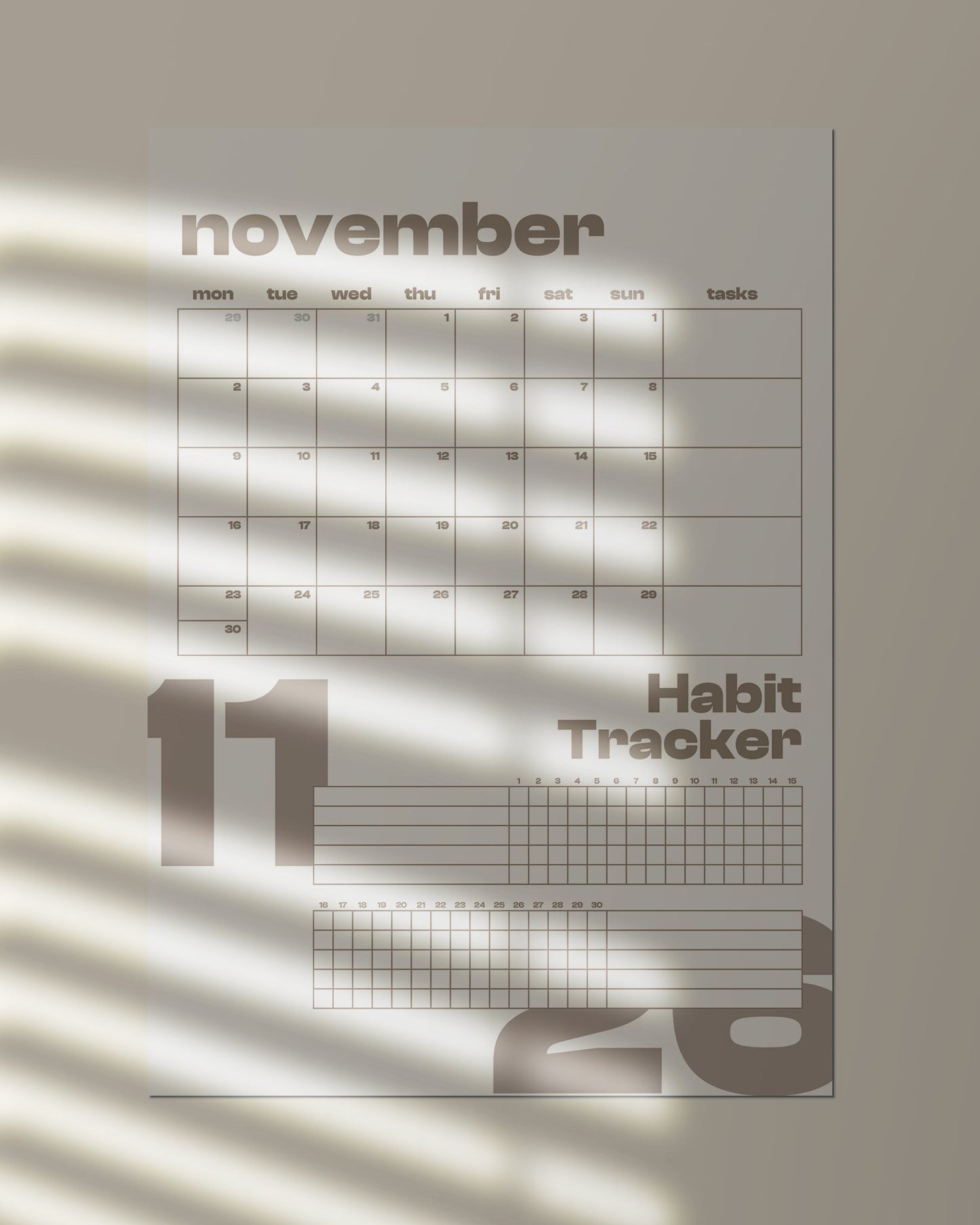 (Digital Download) 2026 Wall Calendar + Habit Tracker - Monday Start